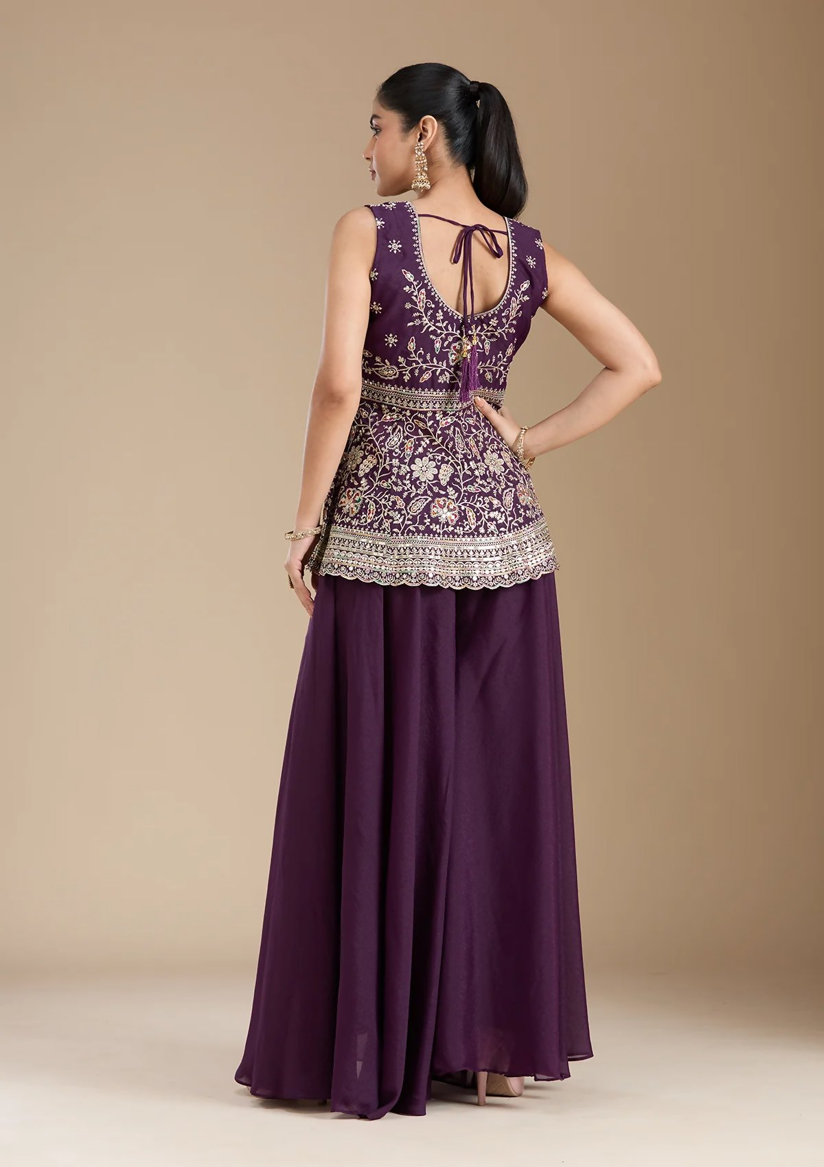 Teeya Creation WIne Color Star Georgette Party Wear Designer Peplum Sharara Set | Grocsy