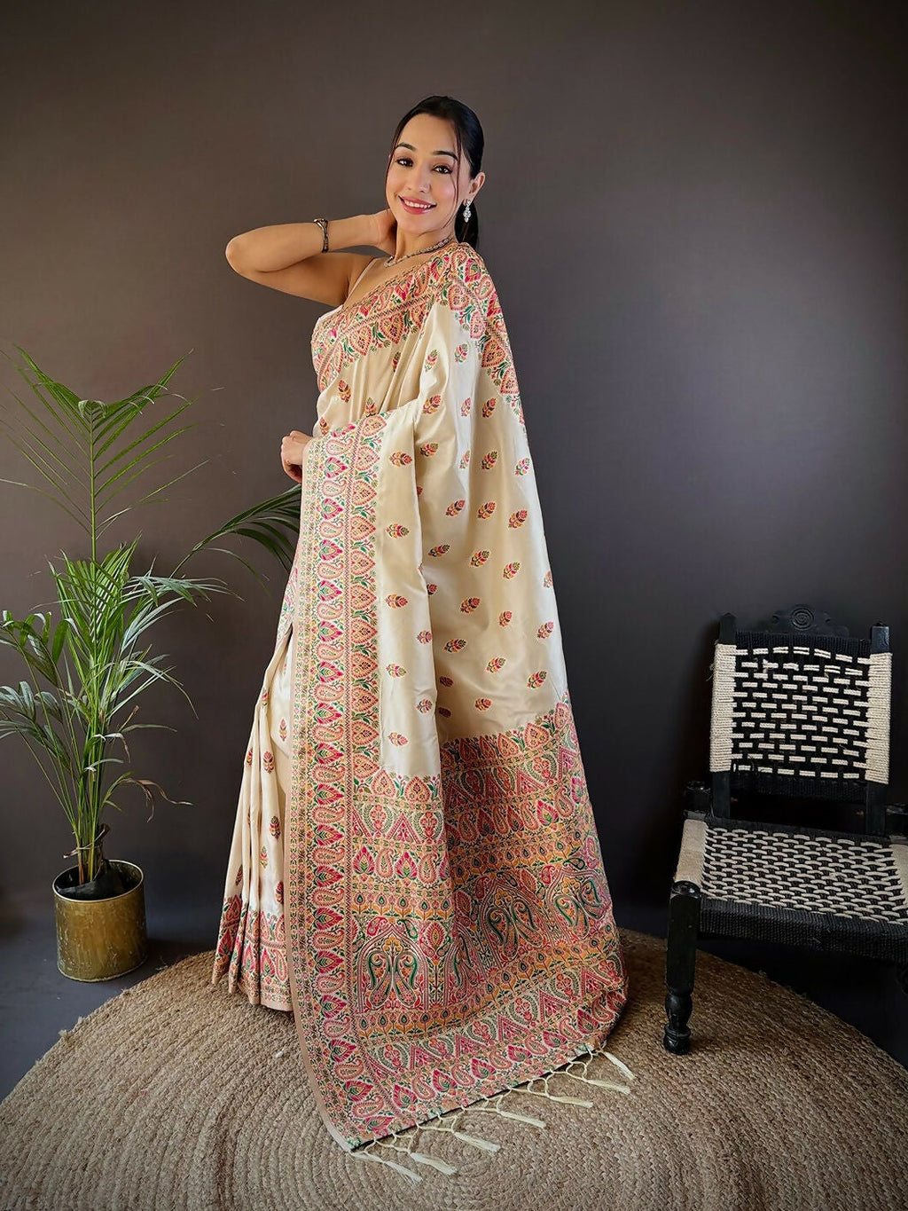 Joban Fashion White Meena Weaves Pashmina Sarees | Grocsy