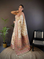 Joban Fashion White Meena Weaves Pashmina Sarees | Grocsy