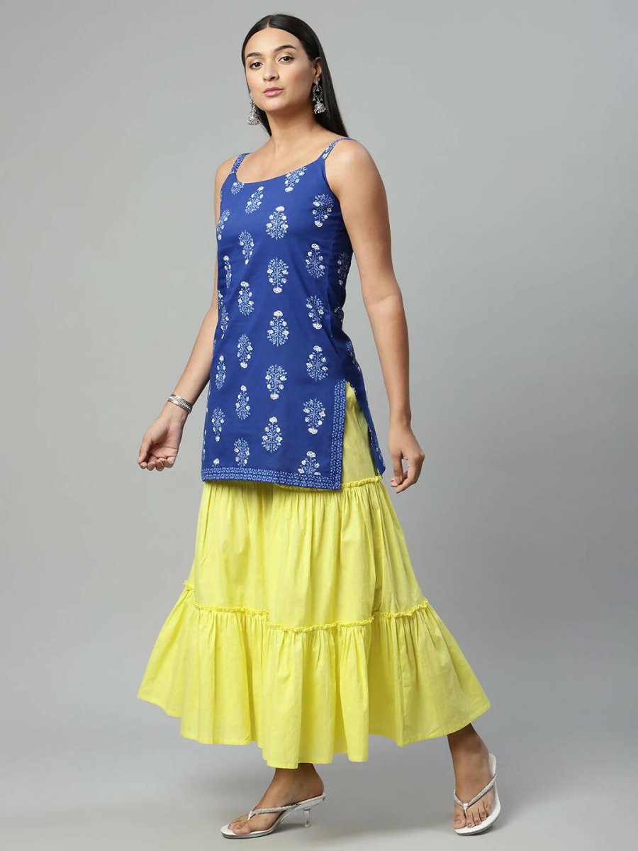 Ahalyaa Womens Royal Blue Pure Cotton Printed Tunic Sharara Set | Grocsy