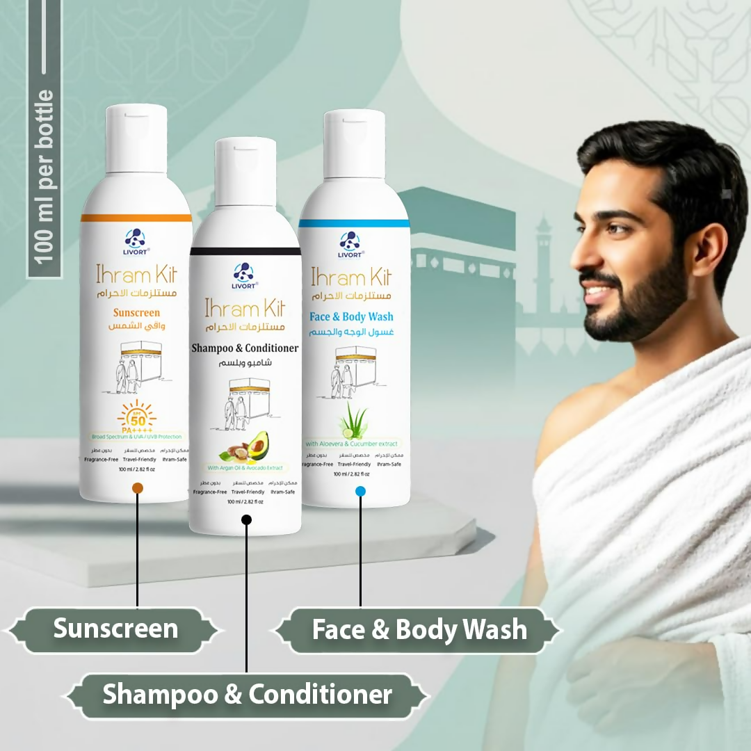 Livort Ihram Kit Hajj & Umrah Face & Body Wash Sunscreen Shampoo & Conditioner | Grocsy
