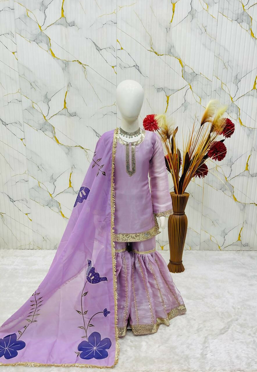 Teeya Creation New Kids Trendy Heavy Embroidery Sequence Work Kurta Set - Purple | Grocsy