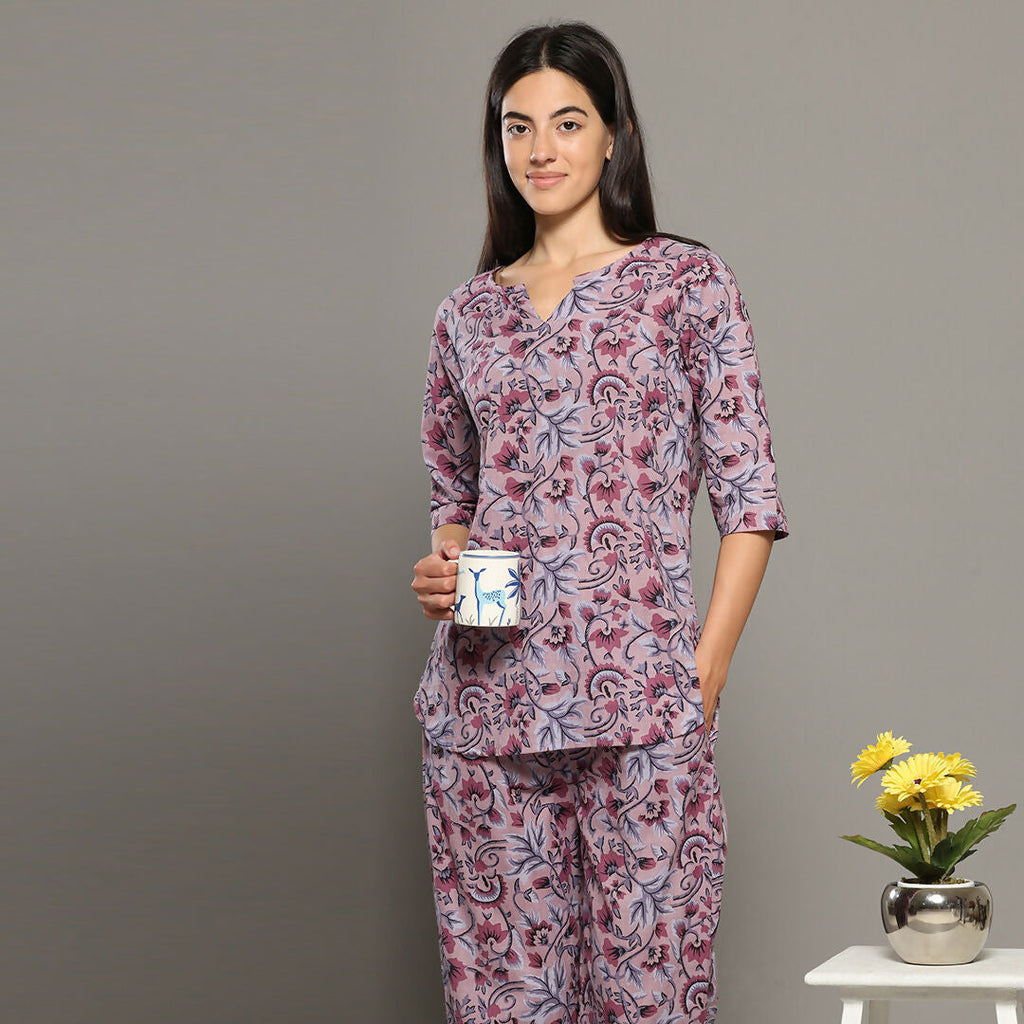 Breathables Women Cotton Printed Loungewear Kurta And Pants Co-Ord Set Pink I Night Wear | Floral Print | Grocsy