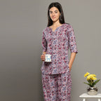 Breathables Women Cotton Printed Loungewear Kurta And Pants Co-Ord Set Pink I Night Wear | Floral Print | Grocsy