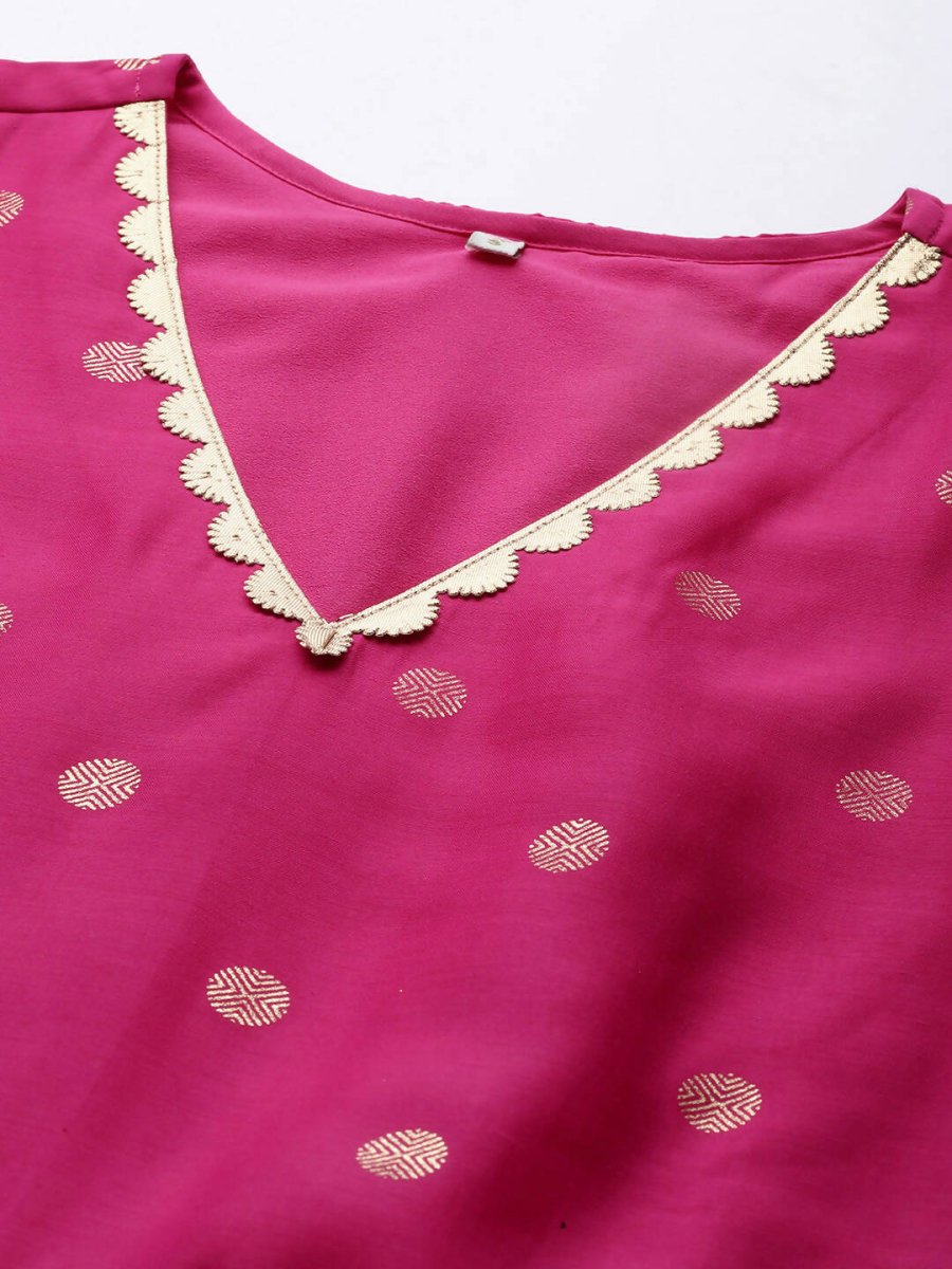 Ahalyaa Women's Pink Chanderi Gold Foil Print Dress | Grocsy