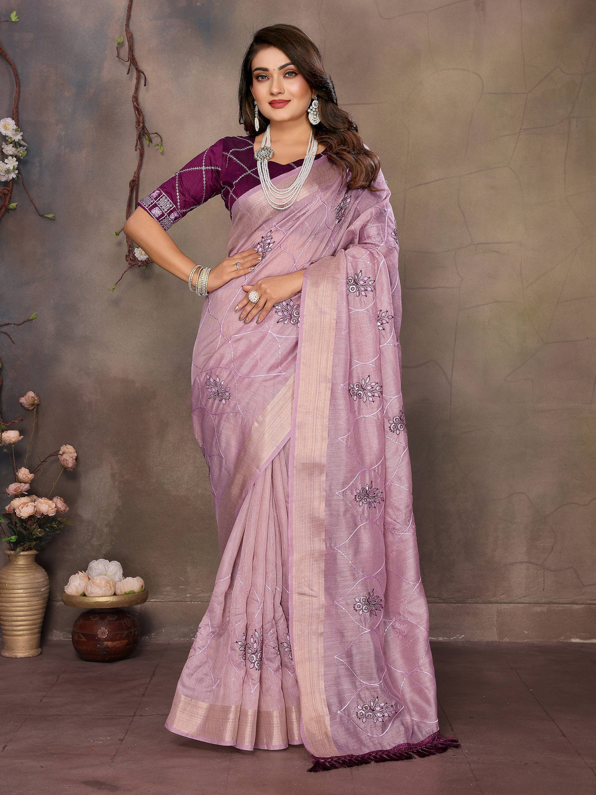 Vedant Vastram Chiffon Net Embroidery work Bollywood Fancy Saree - Lavender | Grocsy