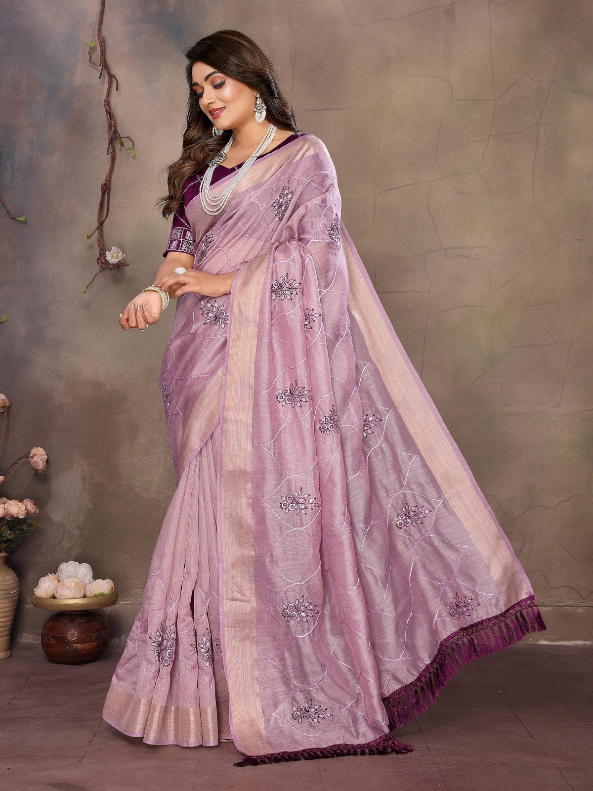 Vedant Vastram Chiffon Net Embroidery work Bollywood Fancy Saree - Lavender | Grocsy