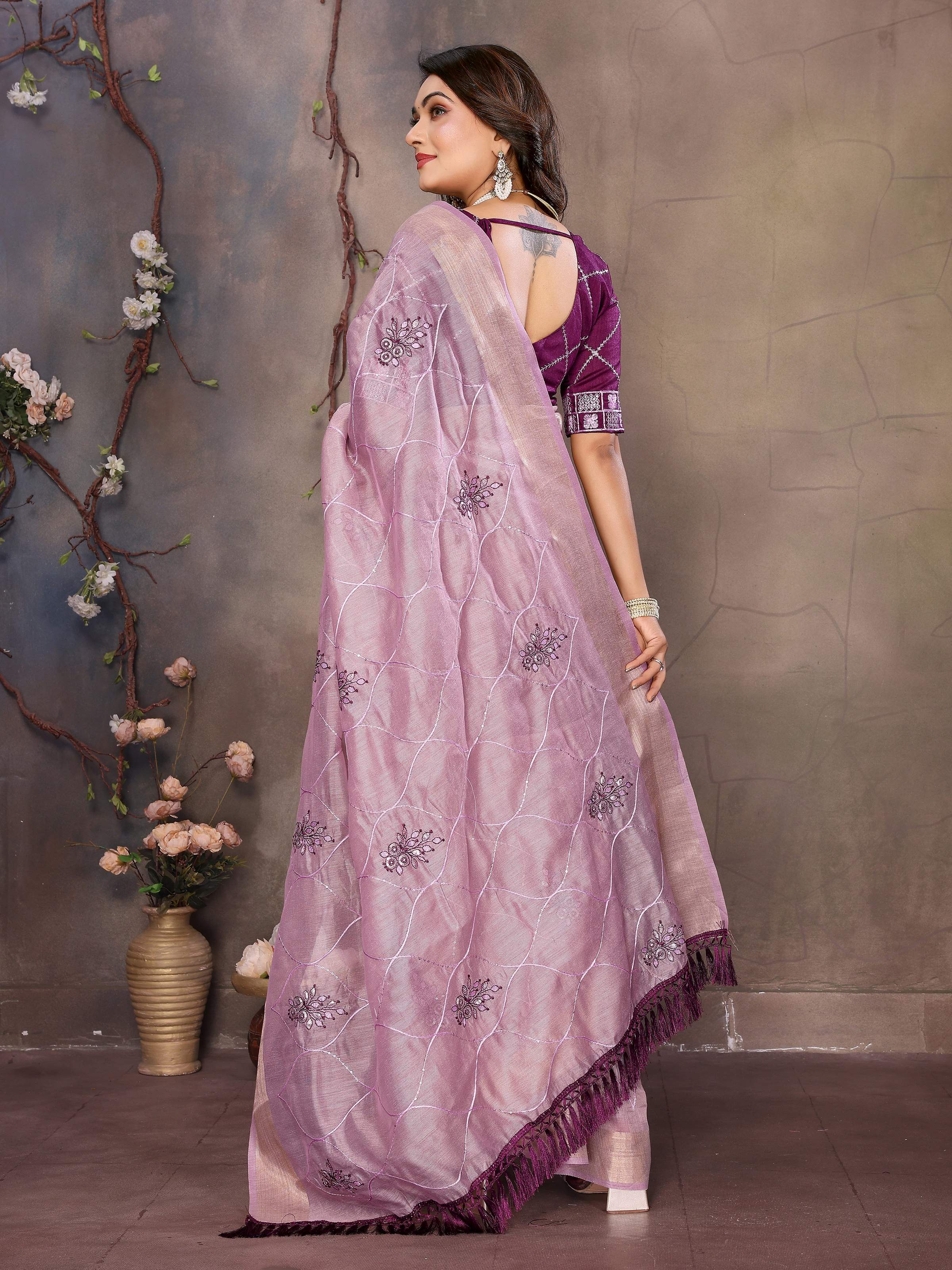 Vedant Vastram Chiffon Net Embroidery work Bollywood Fancy Saree - Lavender | Grocsy