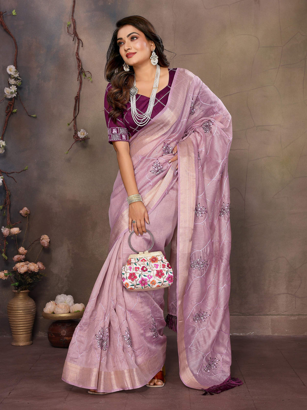 Vedant Vastram Chiffon Net Embroidery work Bollywood Fancy Saree - Lavender | Grocsy
