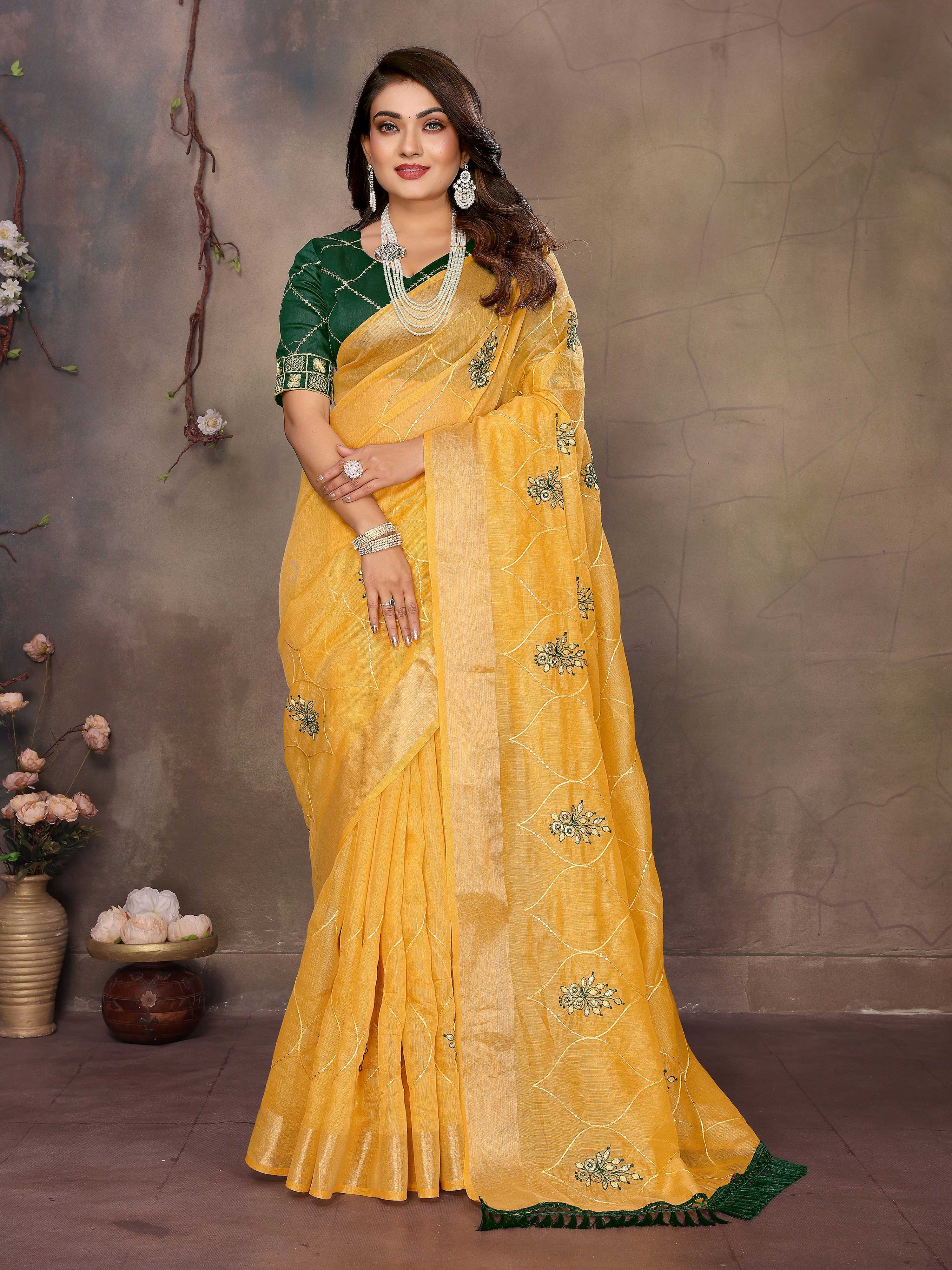 Vedant Vastram Chiffon Net Embroidery work Bollywood Fancy Saree - Mustard | Grocsy