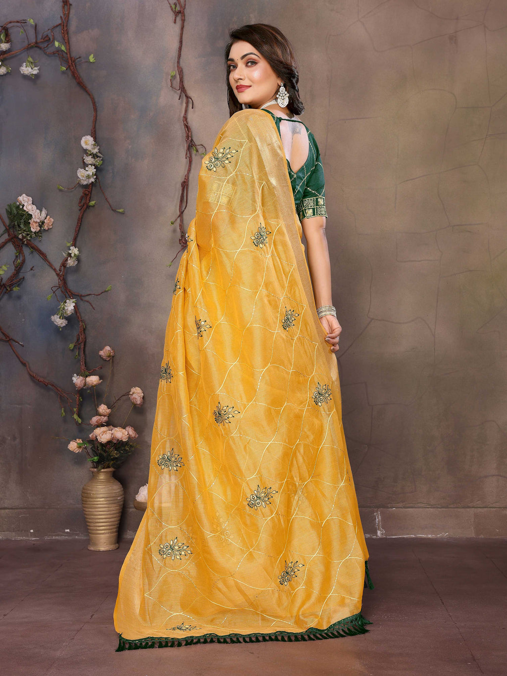 Vedant Vastram Chiffon Net Embroidery work Bollywood Fancy Saree - Mustard | Grocsy