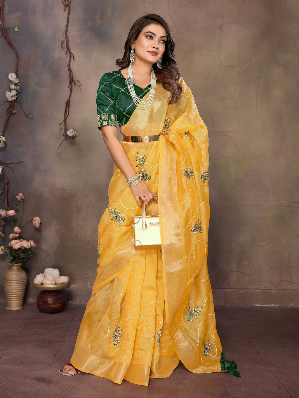 Vedant Vastram Chiffon Net Embroidery work Bollywood Fancy Saree - Mustard | Grocsy