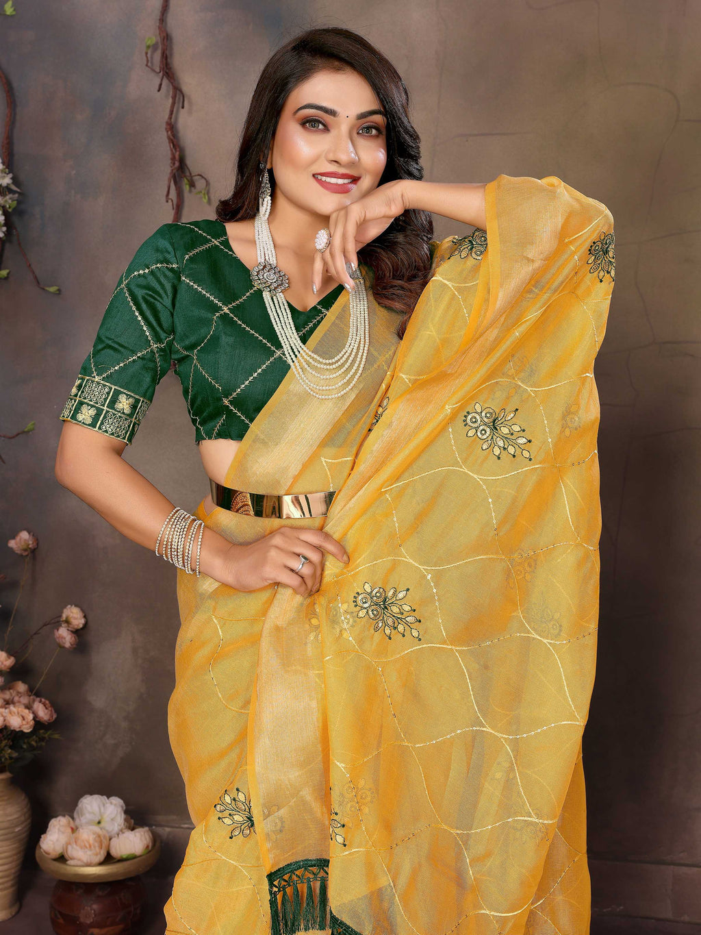 Vedant Vastram Chiffon Net Embroidery work Bollywood Fancy Saree - Mustard | Grocsy