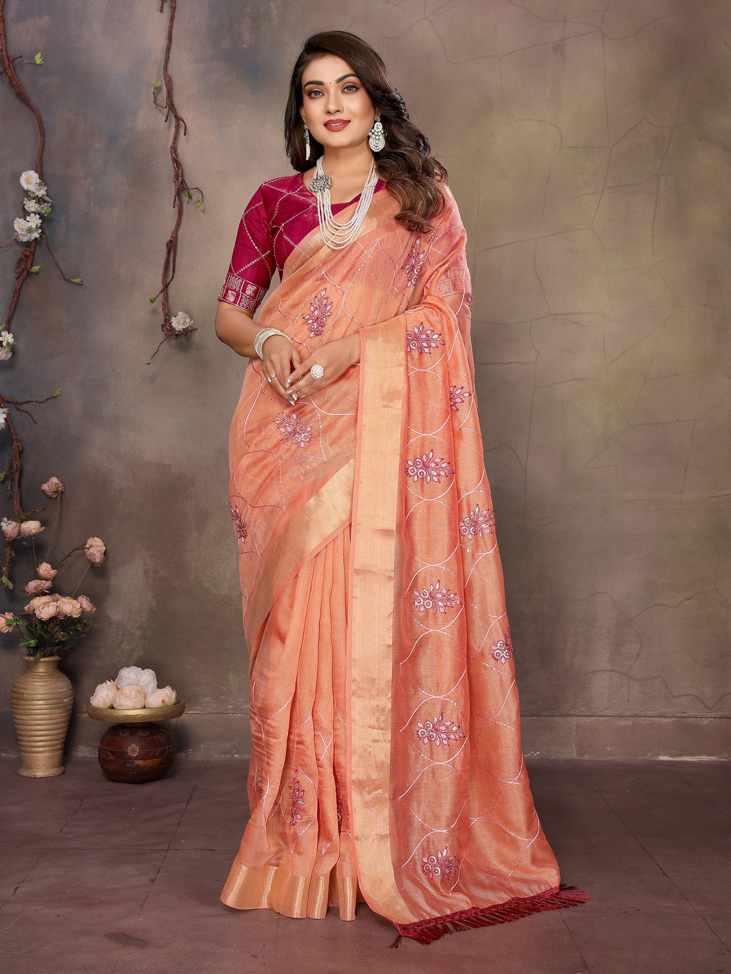 Vedant Vastram Chiffon Net Embroidery work Bollywood Fancy Saree - Orange | Grocsy