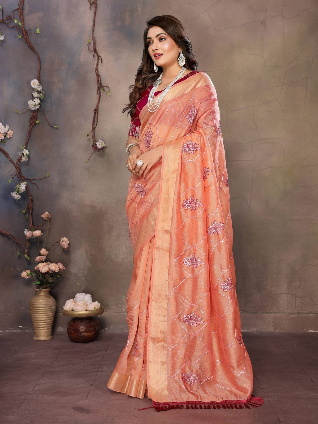 Vedant Vastram Chiffon Net Embroidery work Bollywood Fancy Saree - Orange | Grocsy