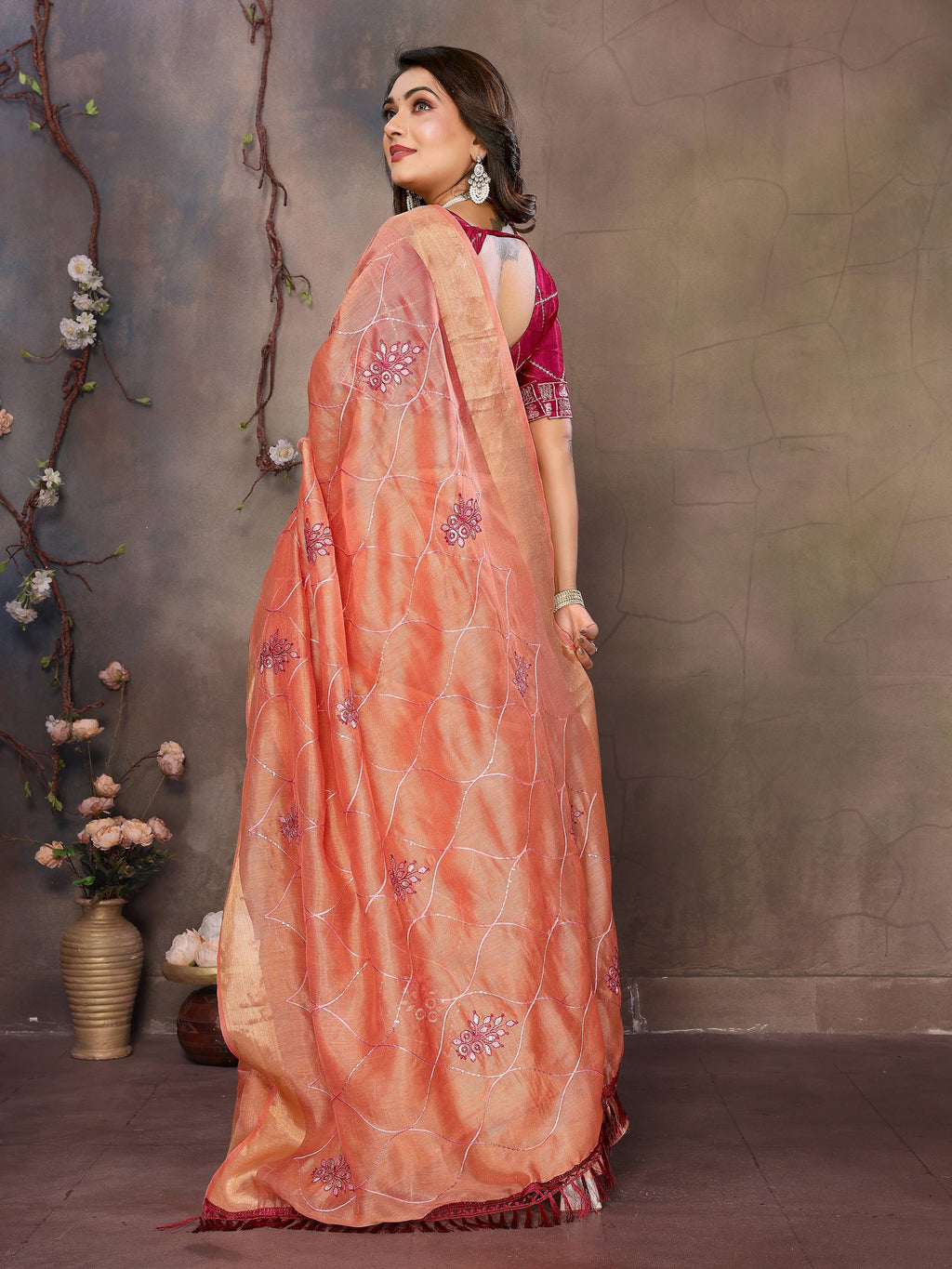 Vedant Vastram Chiffon Net Embroidery work Bollywood Fancy Saree - Orange | Grocsy