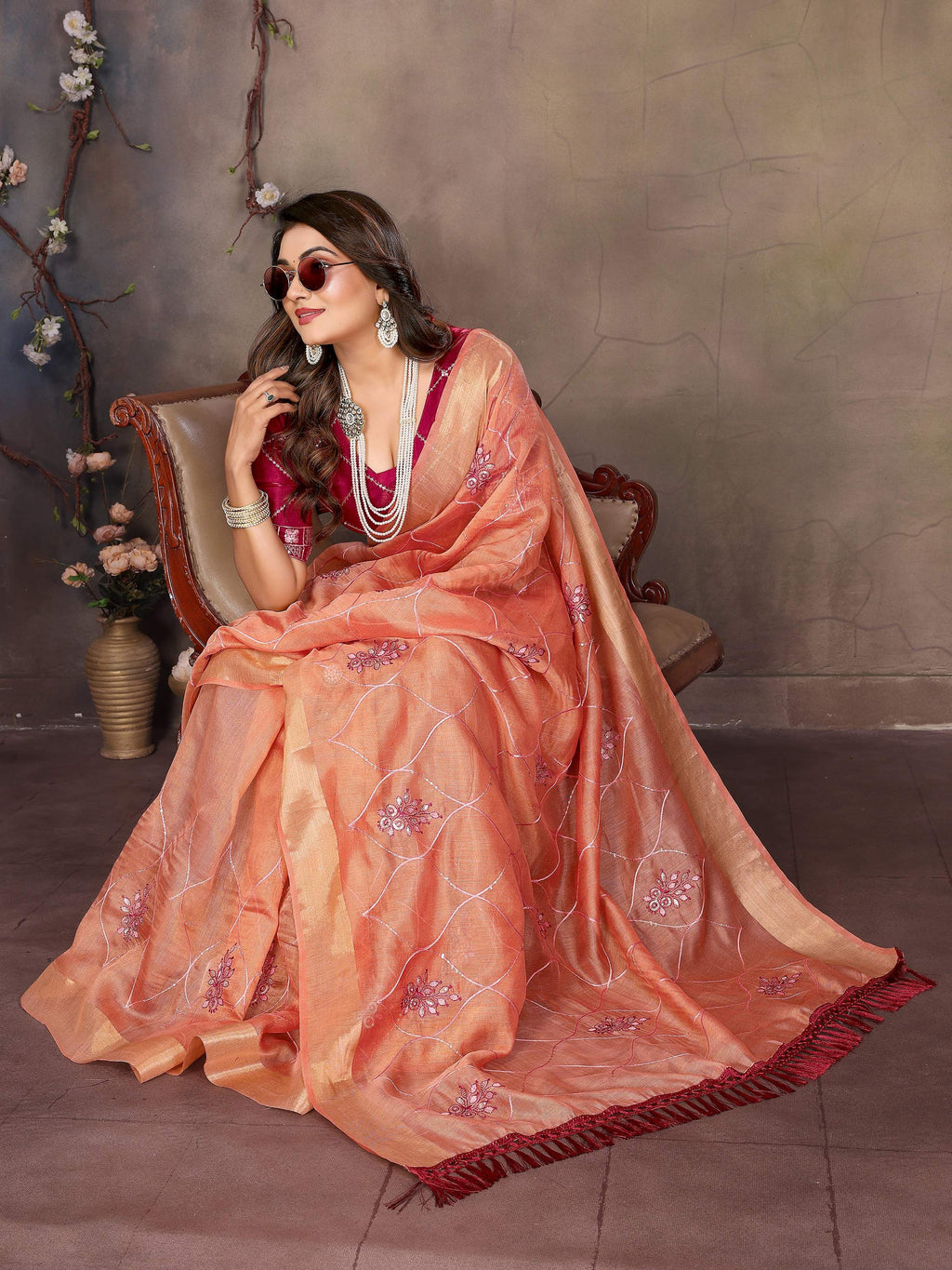 Vedant Vastram Chiffon Net Embroidery work Bollywood Fancy Saree - Orange | Grocsy