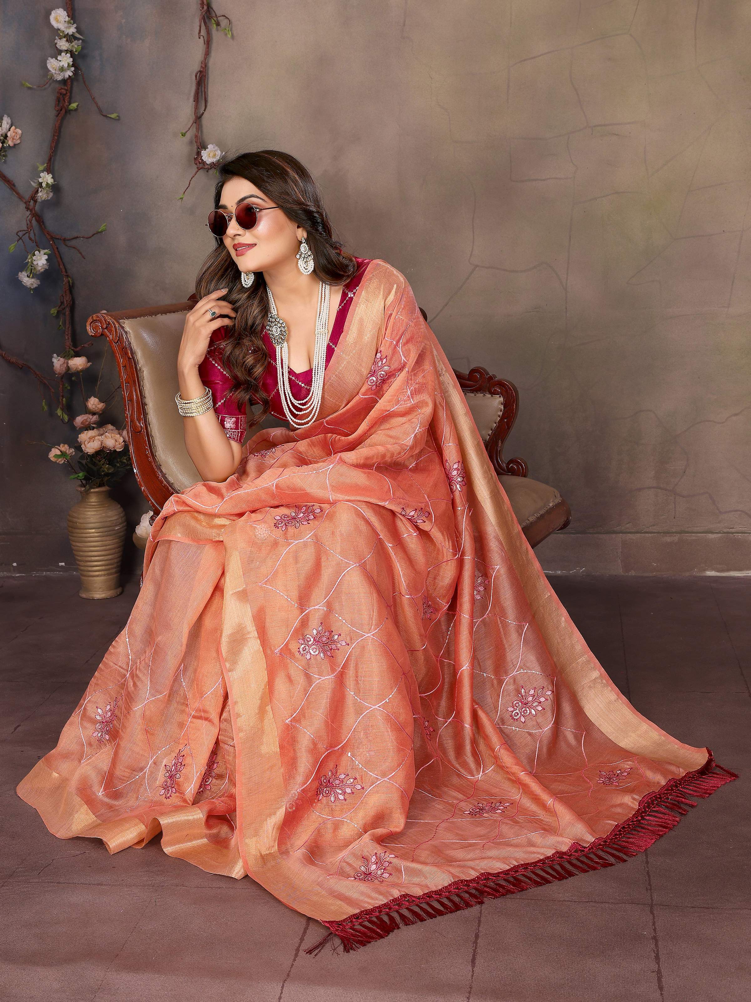 Vedant Vastram Chiffon Net Embroidery work Bollywood Fancy Saree - Orange | Grocsy