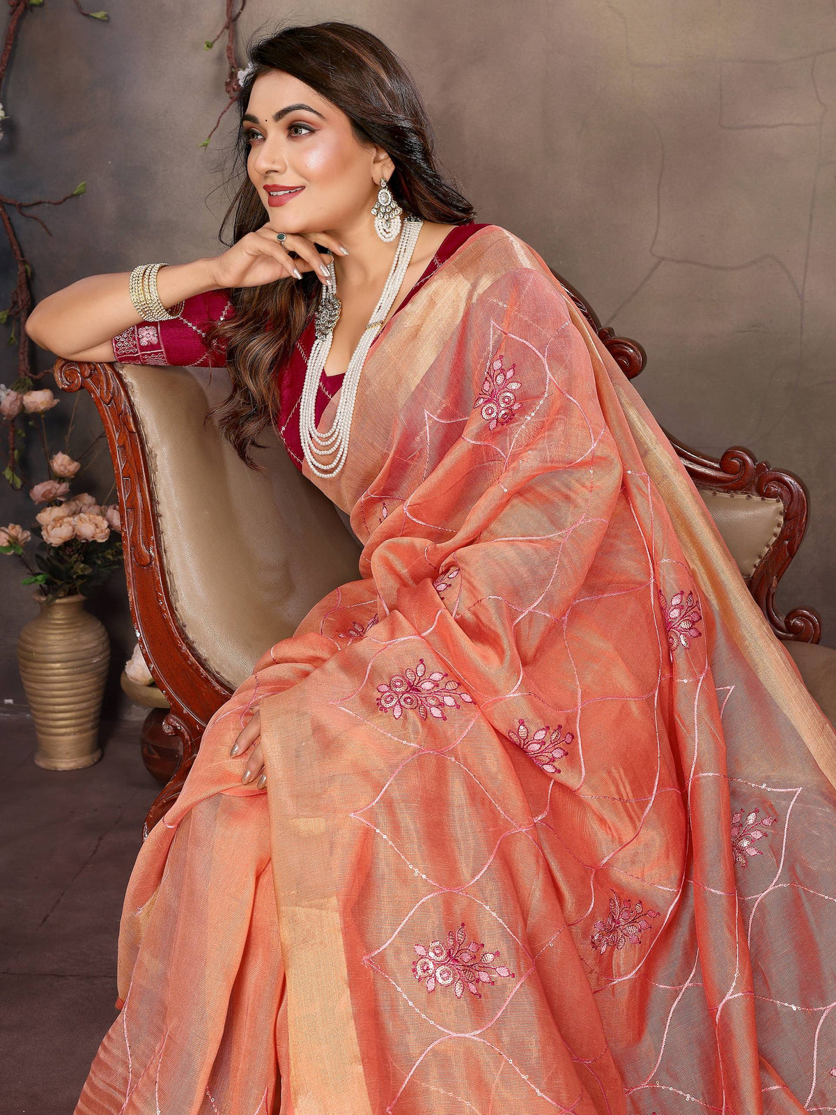 Vedant Vastram Chiffon Net Embroidery work Bollywood Fancy Saree - Orange | Grocsy