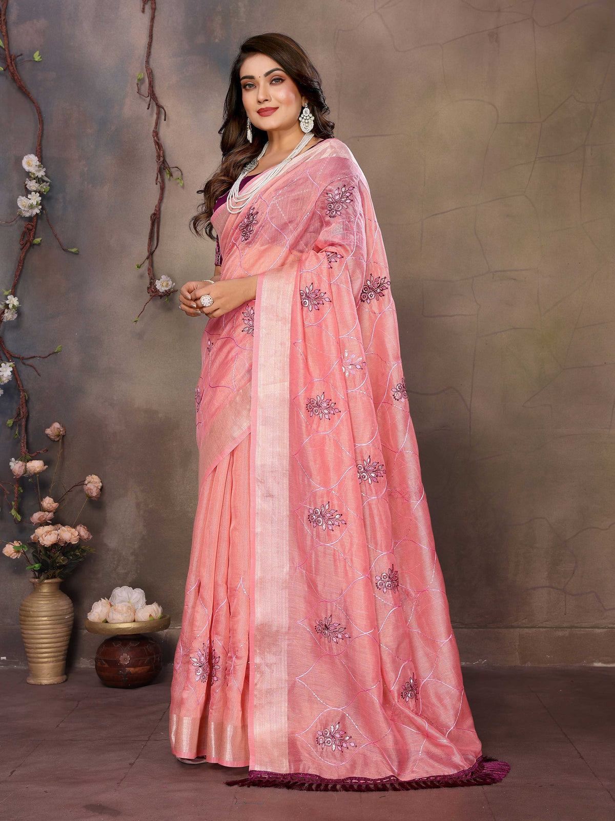 Vedant Vastram Chiffon Net Embroidery work Bollywood Fancy Saree - Peach | Grocsy