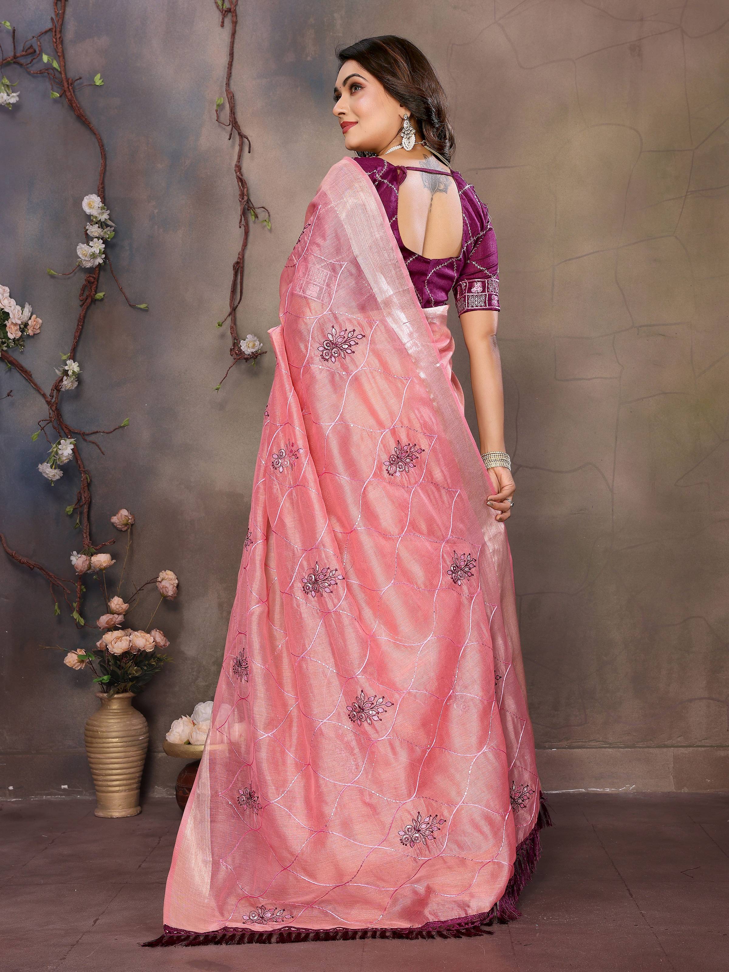 Vedant Vastram Chiffon Net Embroidery work Bollywood Fancy Saree - Peach | Grocsy