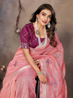 Vedant Vastram Chiffon Net Embroidery work Bollywood Fancy Saree - Peach | Grocsy