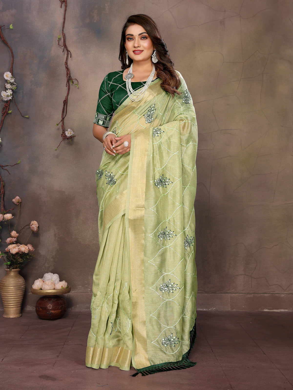 Vedant Vastram Chiffon Net Embroidery work Bollywood Fancy Saree - Pista | Grocsy