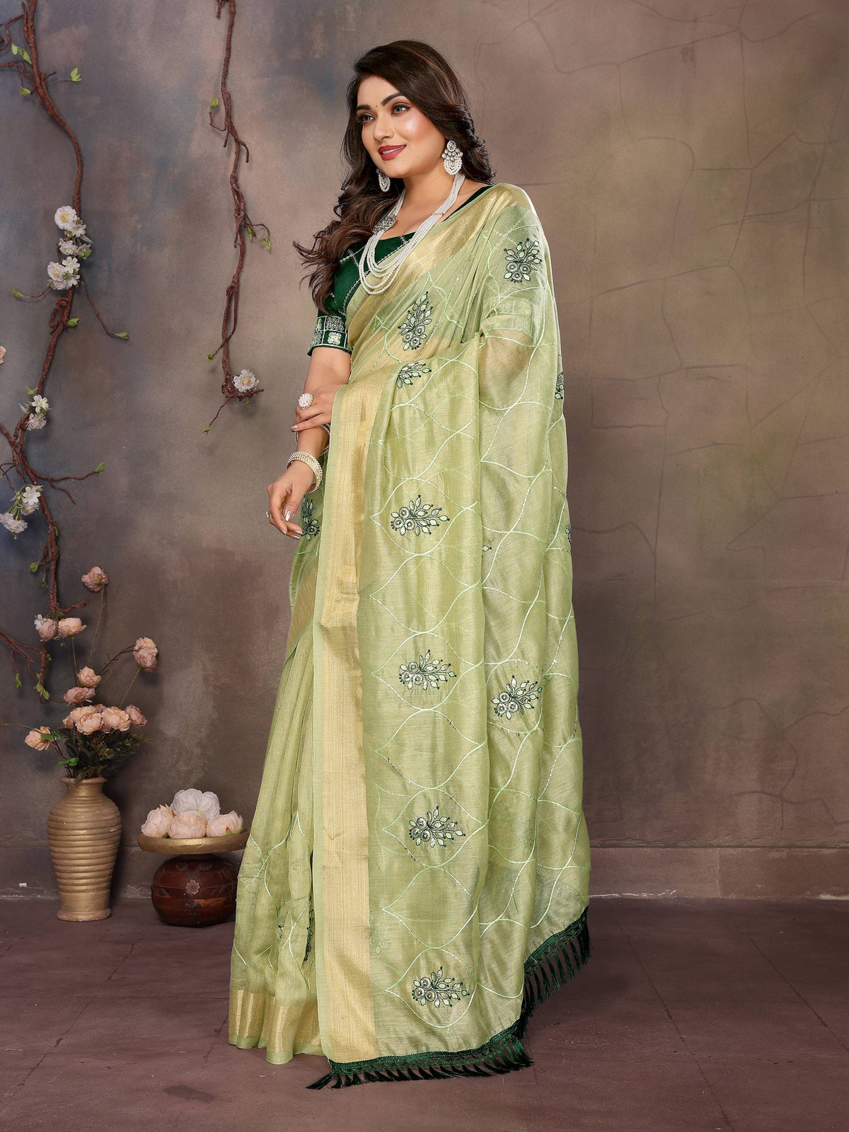 Vedant Vastram Chiffon Net Embroidery work Bollywood Fancy Saree - Pista | Grocsy