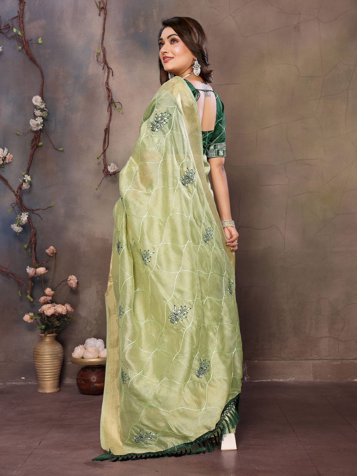 Vedant Vastram Chiffon Net Embroidery work Bollywood Fancy Saree - Pista | Grocsy