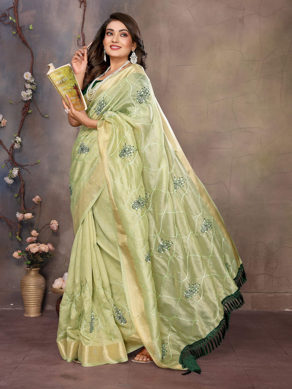 Vedant Vastram Chiffon Net Embroidery work Bollywood Fancy Saree - Pista | Grocsy