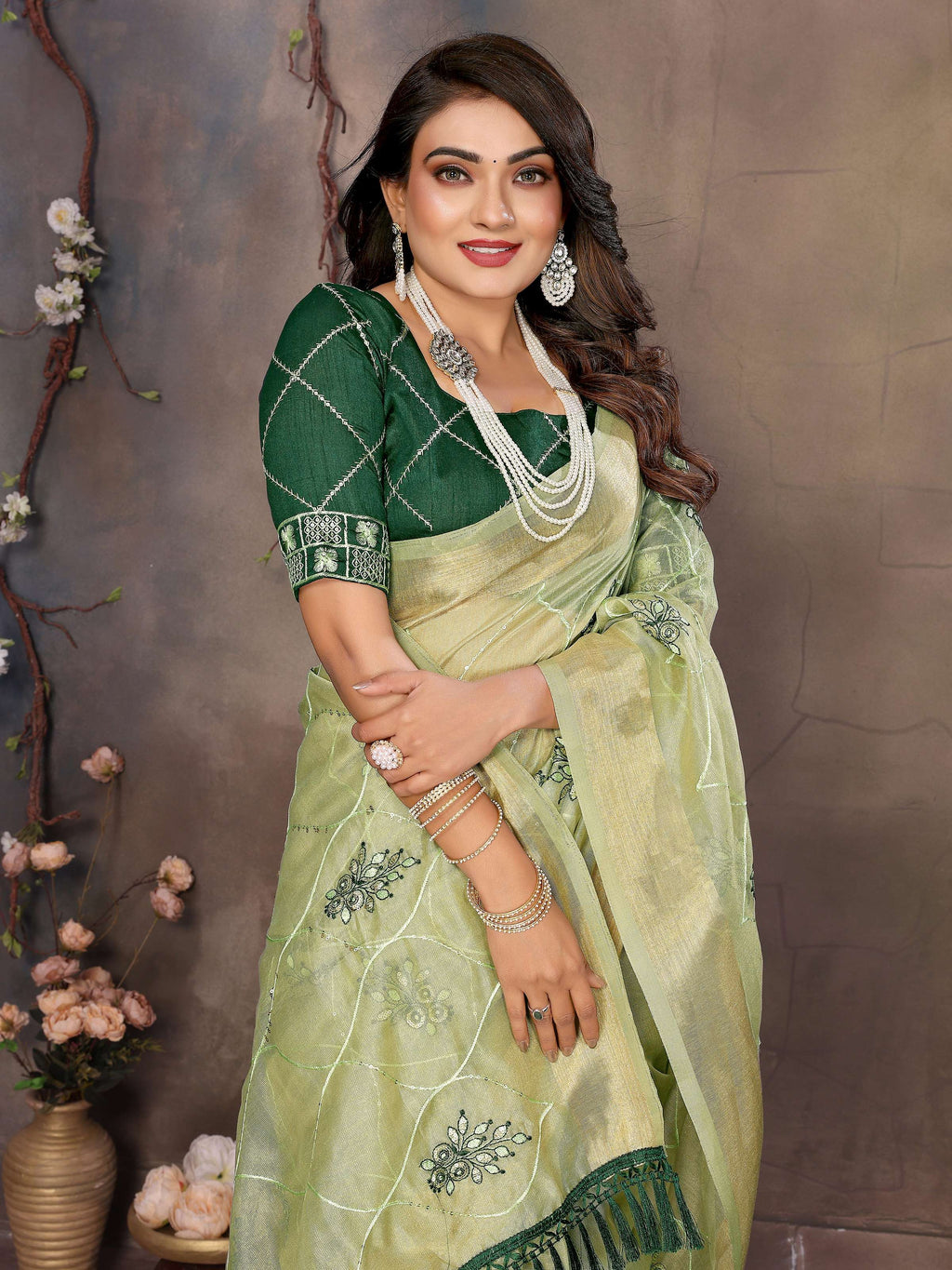 Vedant Vastram Chiffon Net Embroidery work Bollywood Fancy Saree - Pista | Grocsy