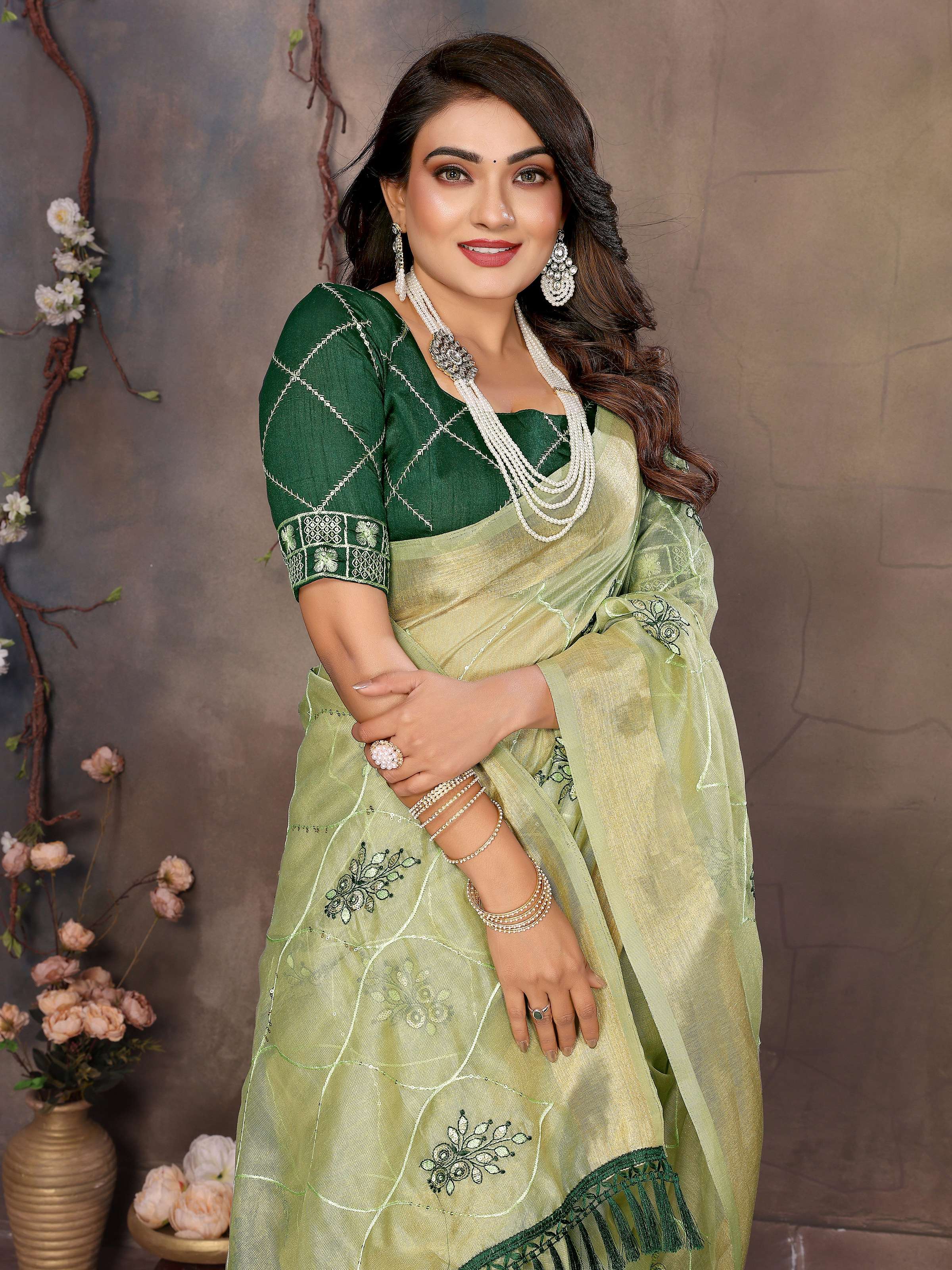Vedant Vastram Chiffon Net Embroidery work Bollywood Fancy Saree - Pista | Grocsy