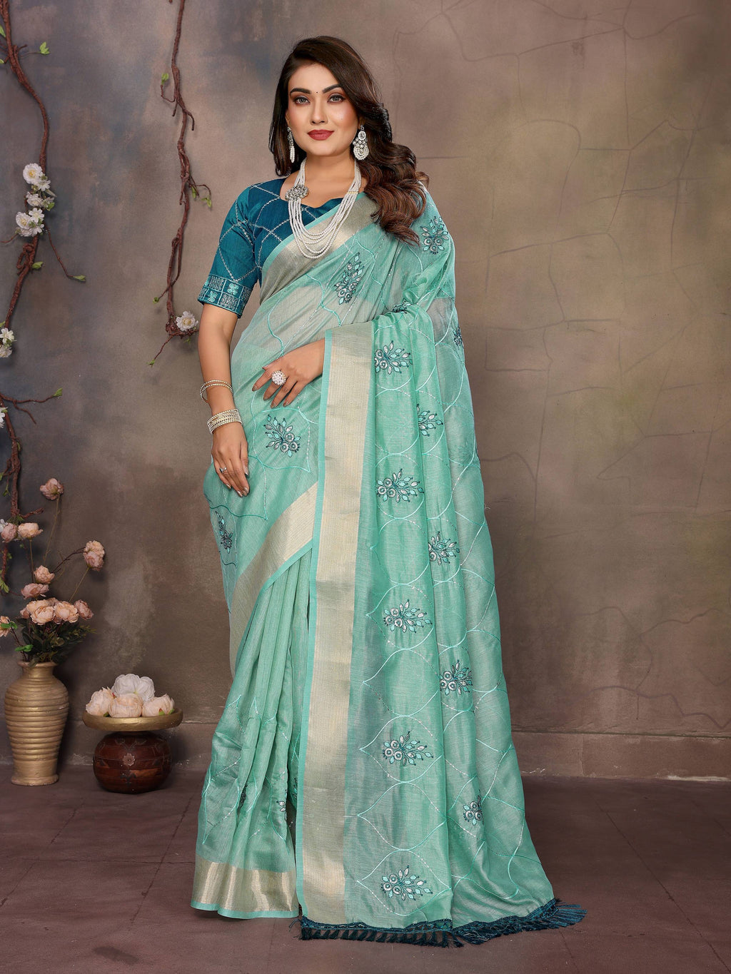 Vedant Vastram Chiffon Net Embroidery work Bollywood Fancy Saree - Turquoise | Grocsy