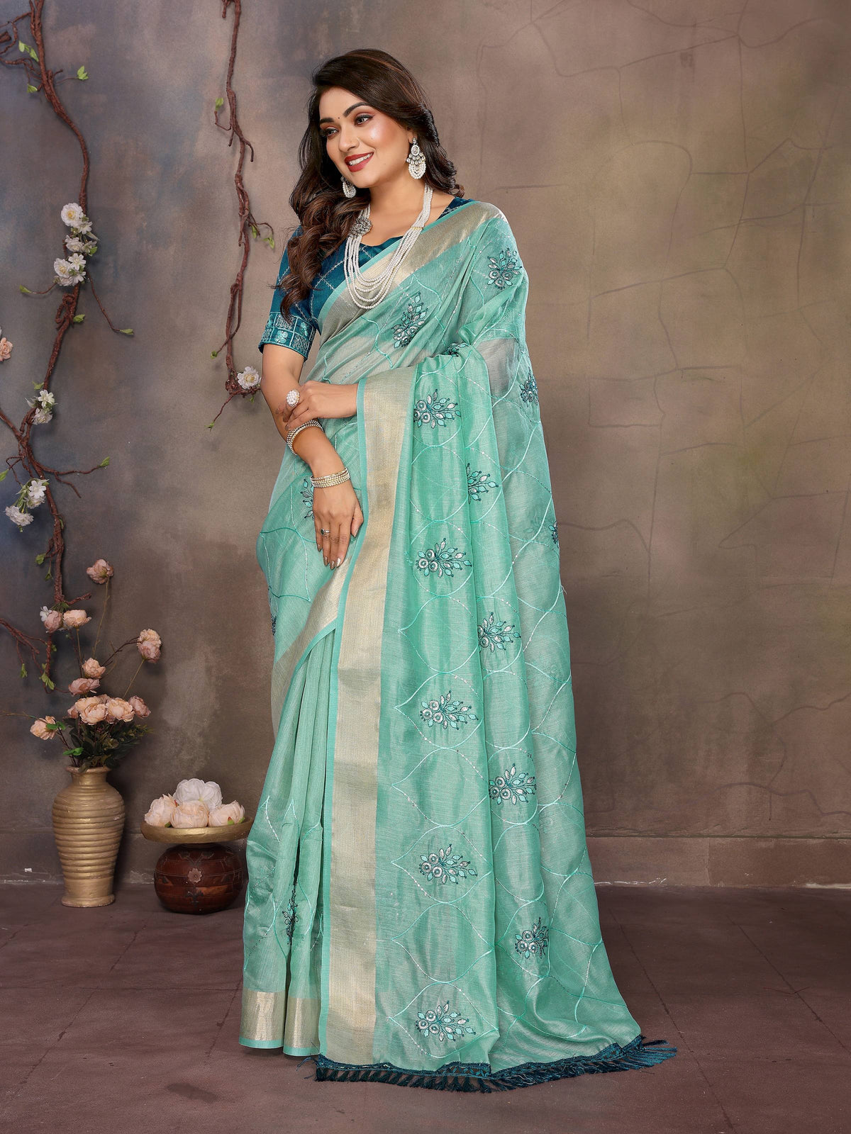 Vedant Vastram Chiffon Net Embroidery work Bollywood Fancy Saree - Turquoise | Grocsy
