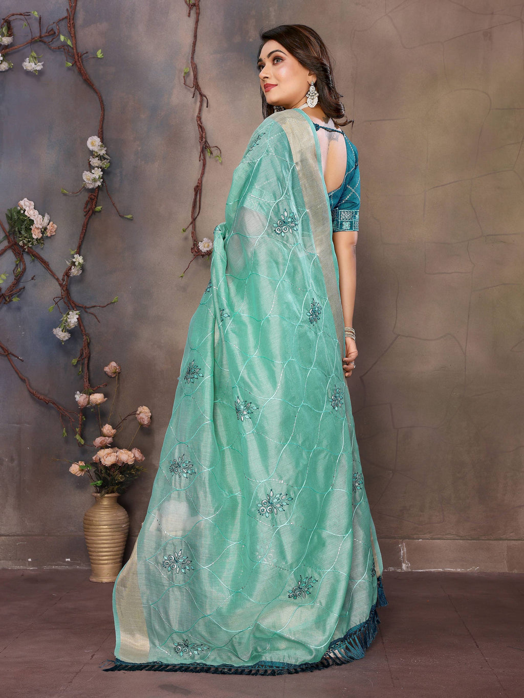 Vedant Vastram Chiffon Net Embroidery work Bollywood Fancy Saree - Turquoise | Grocsy