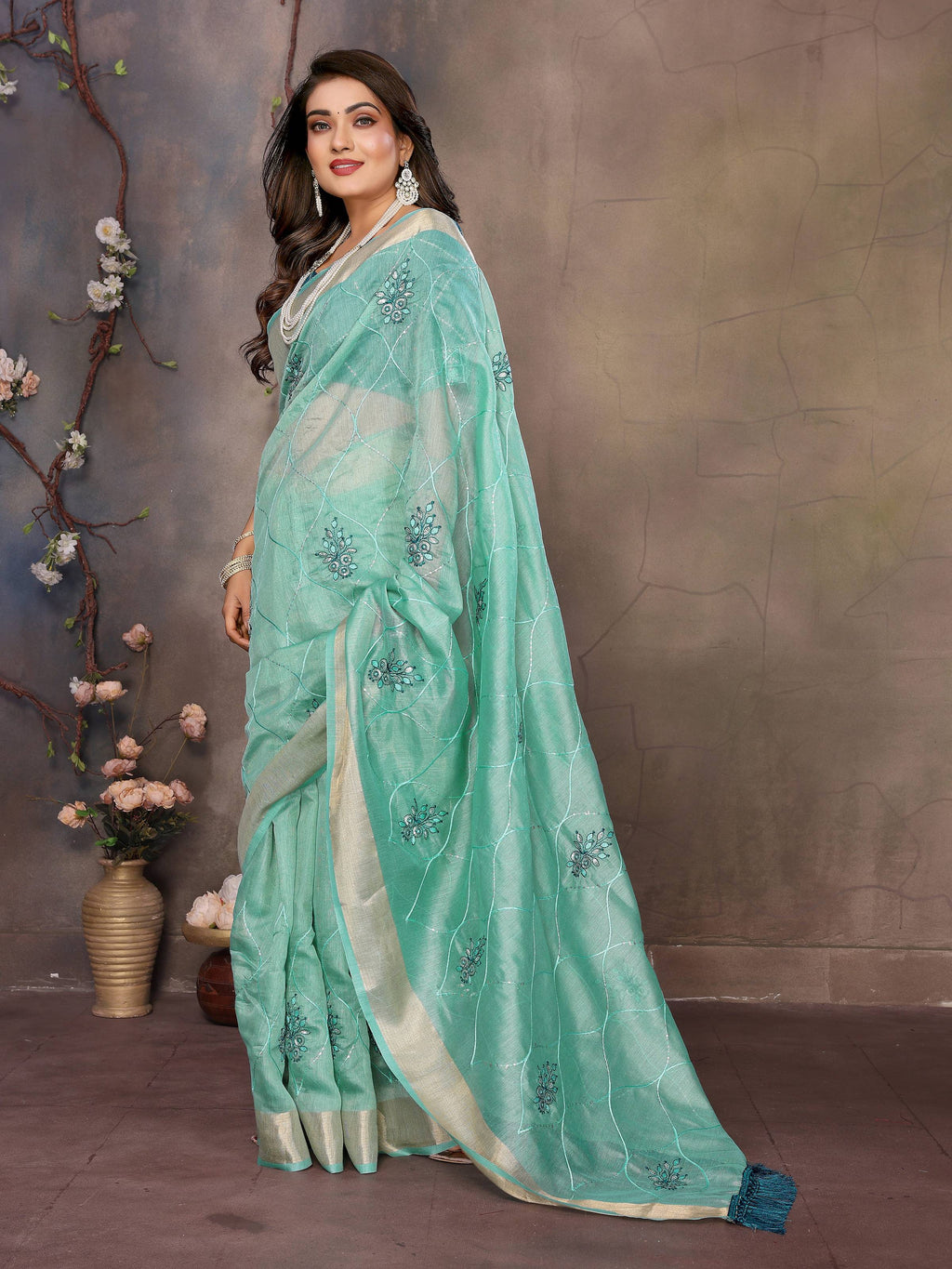 Vedant Vastram Chiffon Net Embroidery work Bollywood Fancy Saree - Turquoise | Grocsy
