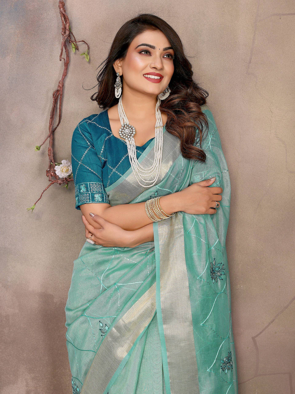 Vedant Vastram Chiffon Net Embroidery work Bollywood Fancy Saree - Turquoise | Grocsy