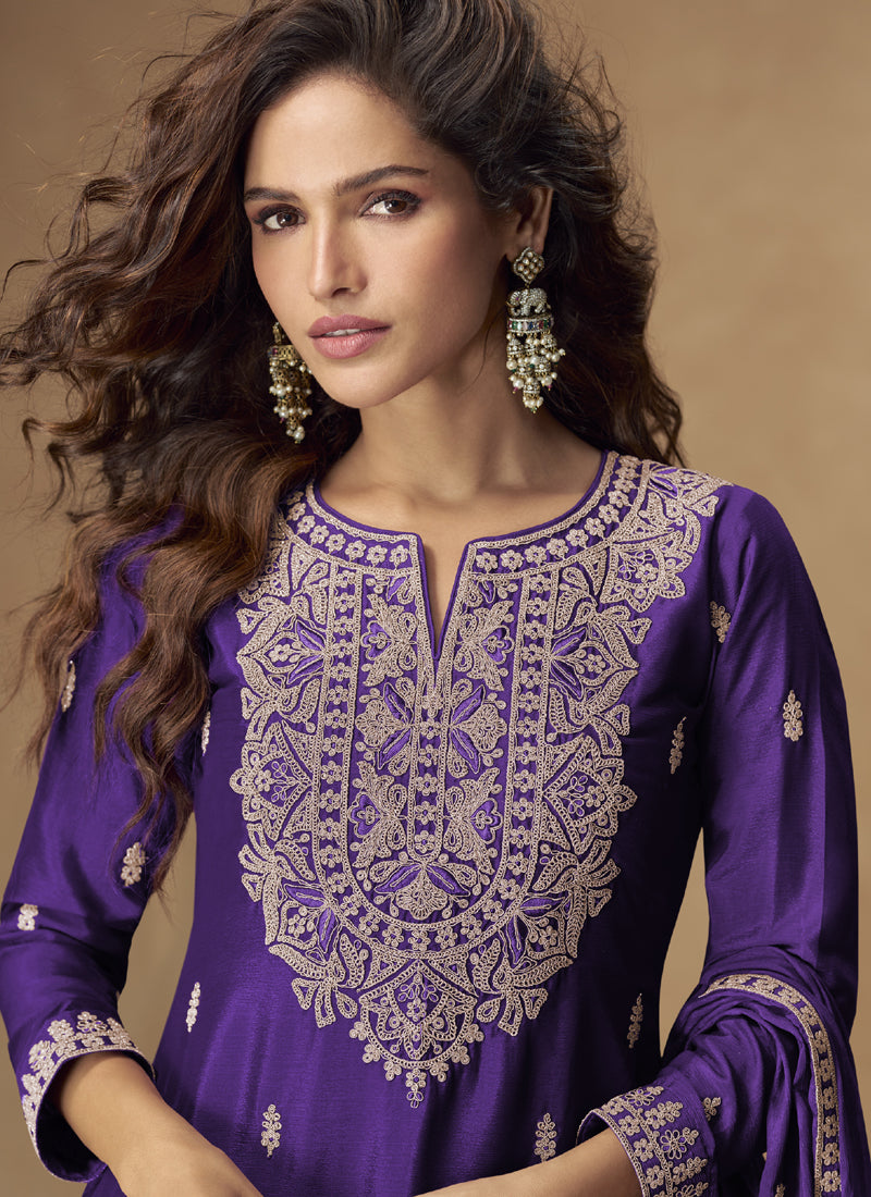 Vegaa Fashion Violet Chinon Silk Embroidered Palazzo Suit | Grocsy