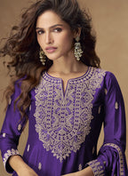 Vegaa Fashion Violet Chinon Silk Embroidered Palazzo Suit | Grocsy