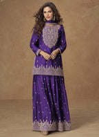 Vegaa Fashion Violet Chinon Silk Embroidered Palazzo Suit | Grocsy
