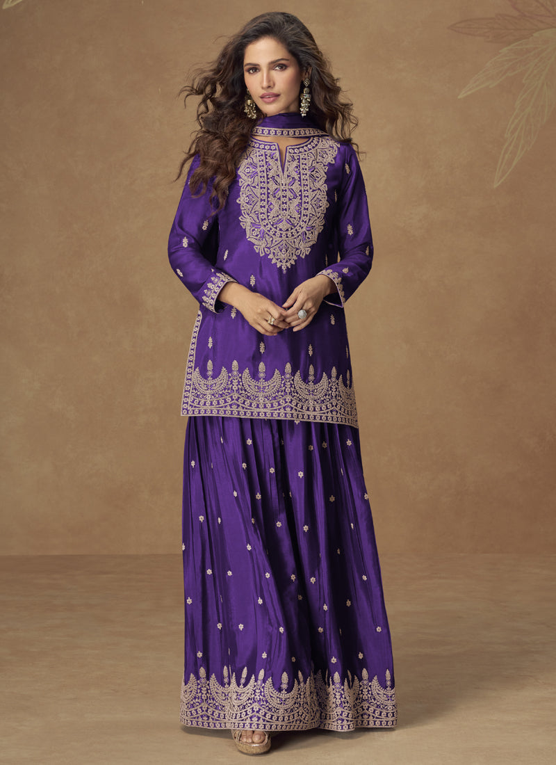 Vegaa Fashion Violet Chinon Silk Embroidered Palazzo Suit | Grocsy