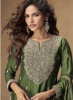 Vegaa Fashion Green Chinon Silk Embroidered Palazzo Suit | Grocsy