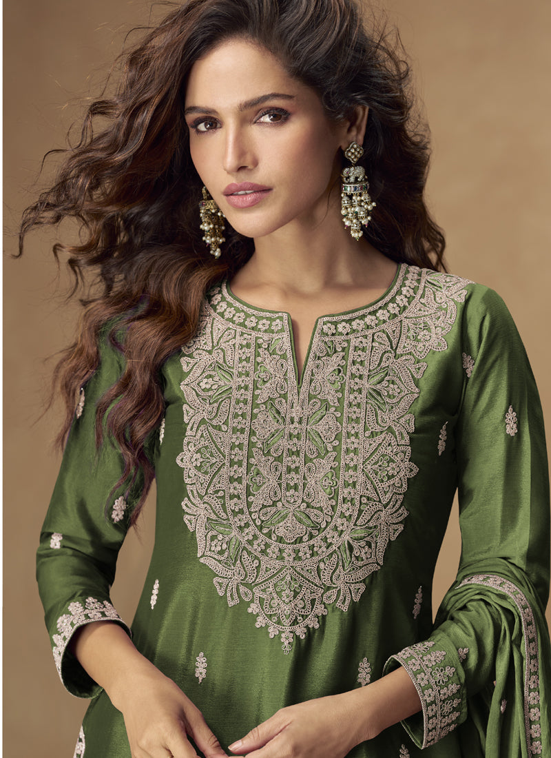 Vegaa Fashion Green Chinon Silk Embroidered Palazzo Suit | Grocsy