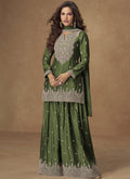 Vegaa Fashion Green Chinon Silk Embroidered Palazzo Suit | Grocsy