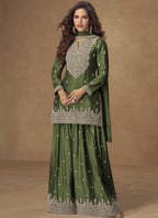 Vegaa Fashion Green Chinon Silk Embroidered Palazzo Suit | Grocsy