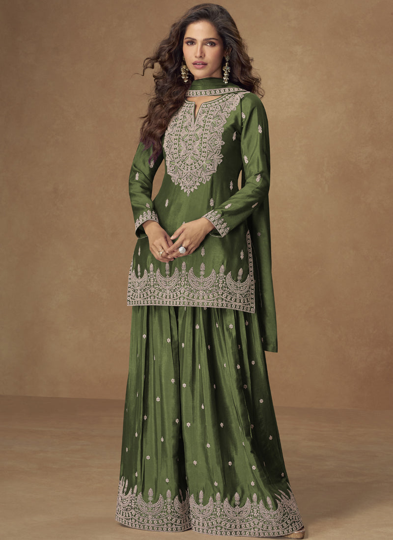 Vegaa Fashion Green Chinon Silk Embroidered Palazzo Suit | Grocsy