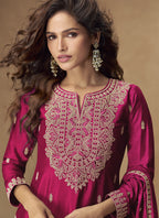Vegaa Fashion Pink Chinon Silk Embroidered Palazzo Suit | Grocsy