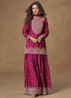 Vegaa Fashion Pink Chinon Silk Embroidered Palazzo Suit | Grocsy