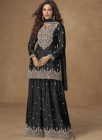 Vegaa Fashion Black Chinon Silk Embroidered Palazzo Suit | Grocsy