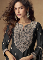 Vegaa Fashion Black Chinon Silk Embroidered Palazzo Suit | Grocsy